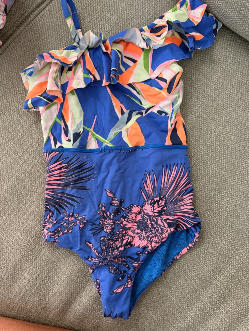 Maaji Blue Tropical One-Shoulder Swimsuit with Pink Floral Print